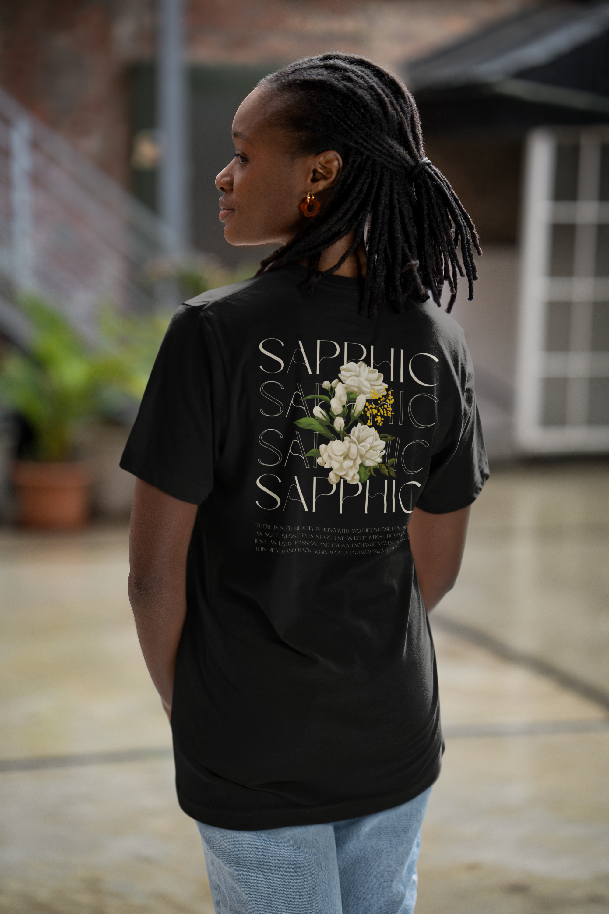 Sapphic Pride T-Shirt Vintage Flowers on Black Oversize Deep Drop Shoulder Tee Oversize Deep Drop Shoulder Tee - 190 GSM