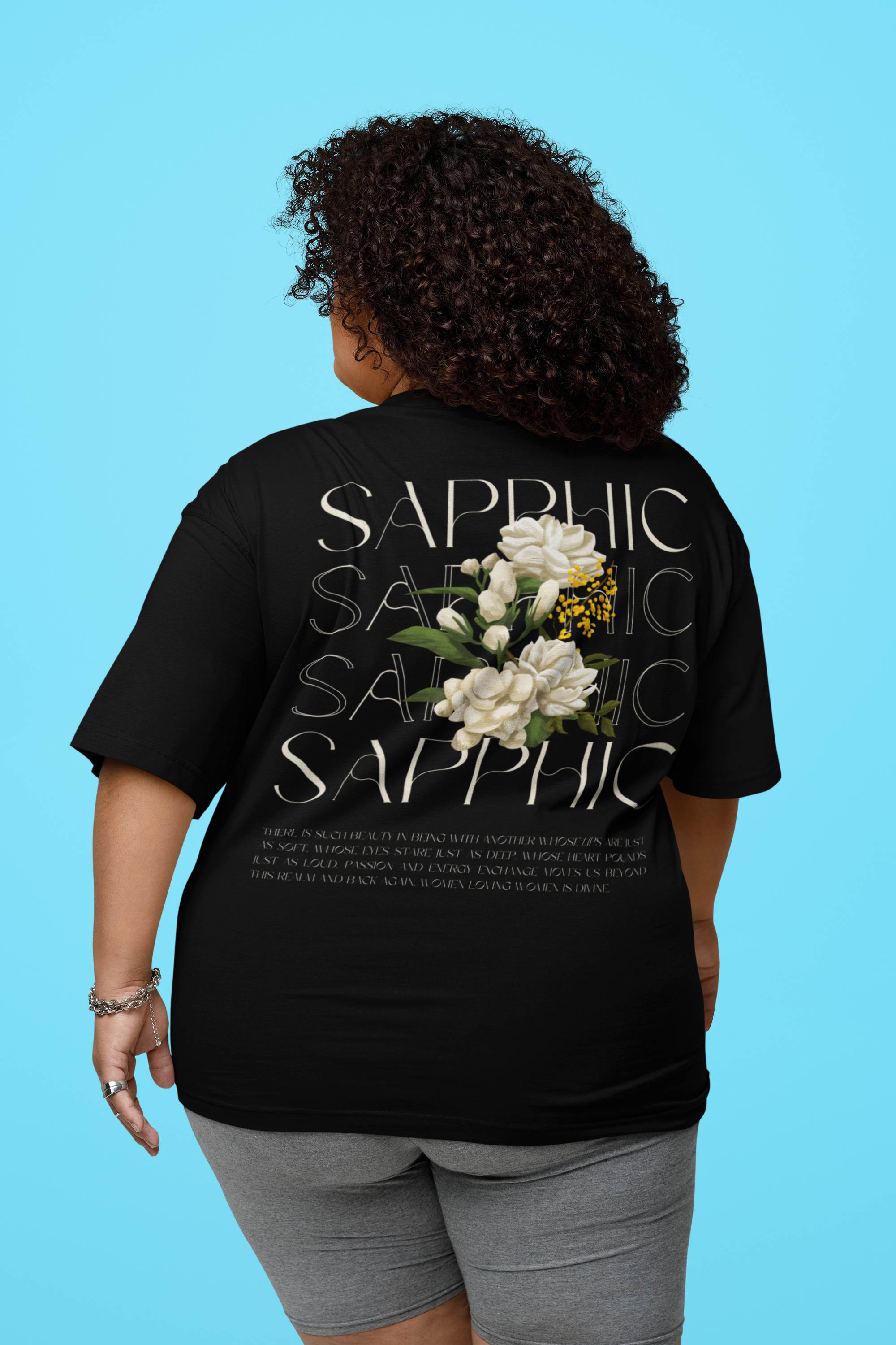 Sapphic Pride T-Shirt Vintage Flowers on Black Oversize Deep Drop Shoulder Tee Oversize Deep Drop Shoulder Tee - 190 GSM