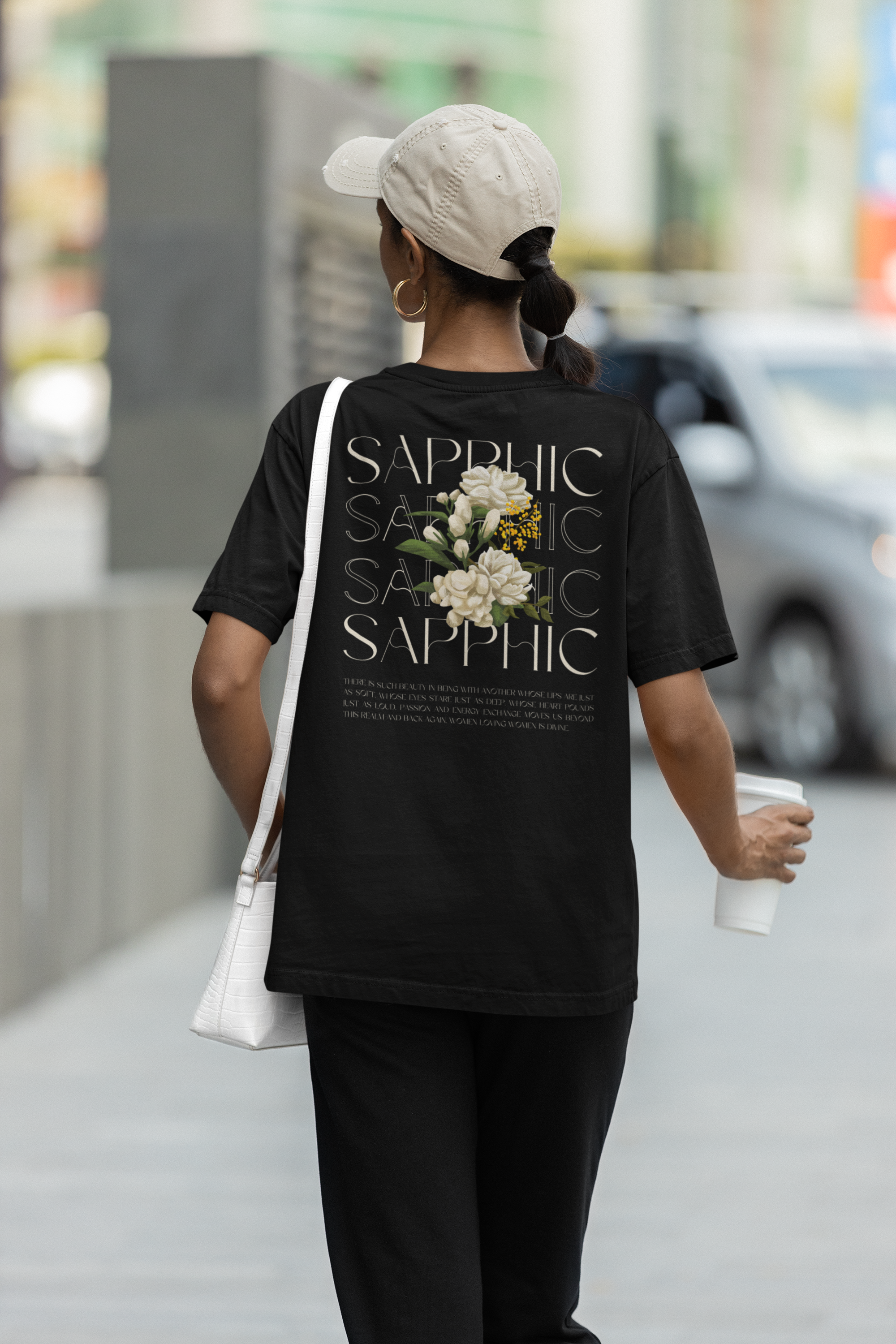 Sapphic Pride T-Shirt Vintage Flowers on Black Oversize Deep Drop Shoulder Tee Oversize Deep Drop Shoulder Tee - 190 GSM