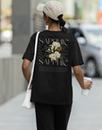 Sapphic Pride T-Shirt Vintage Flowers on Black Oversize Deep Drop Shoulder Tee Oversize Deep Drop Shoulder Tee - 190 GSM