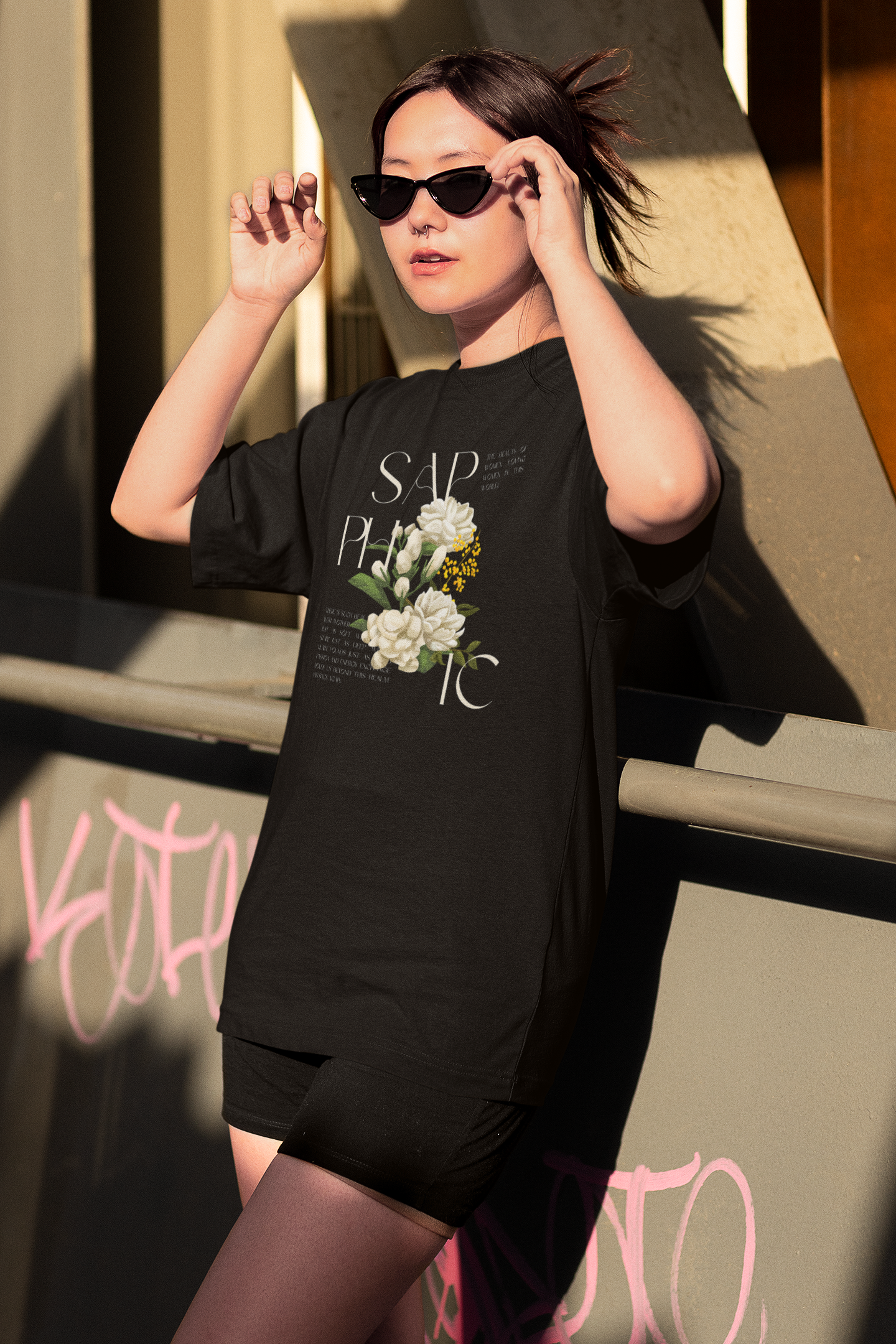 Sapphic Pride T-Shirt WLW Graphic Tee Black Oversize Deep Drop Shoulder Tee Oversize Deep Drop Shoulder Tee - 190 GSM