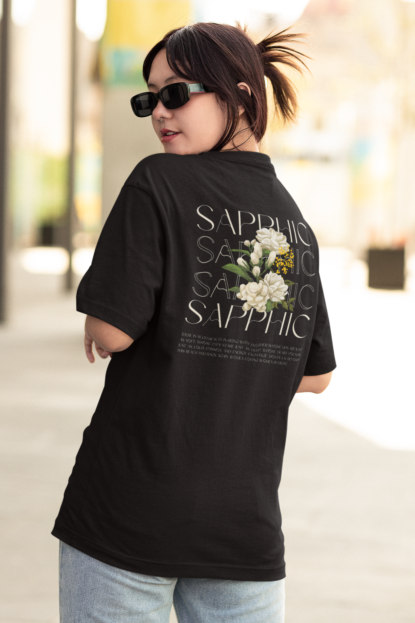 Sapphic Pride T-Shirt Vintage Flowers on Black Oversize Deep Drop Shoulder Tee Oversize Deep Drop Shoulder Tee - 190 GSM