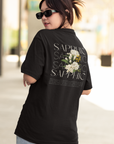 Sapphic Pride T-Shirt Vintage Flowers on Black Oversize Deep Drop Shoulder Tee Oversize Deep Drop Shoulder Tee - 190 GSM