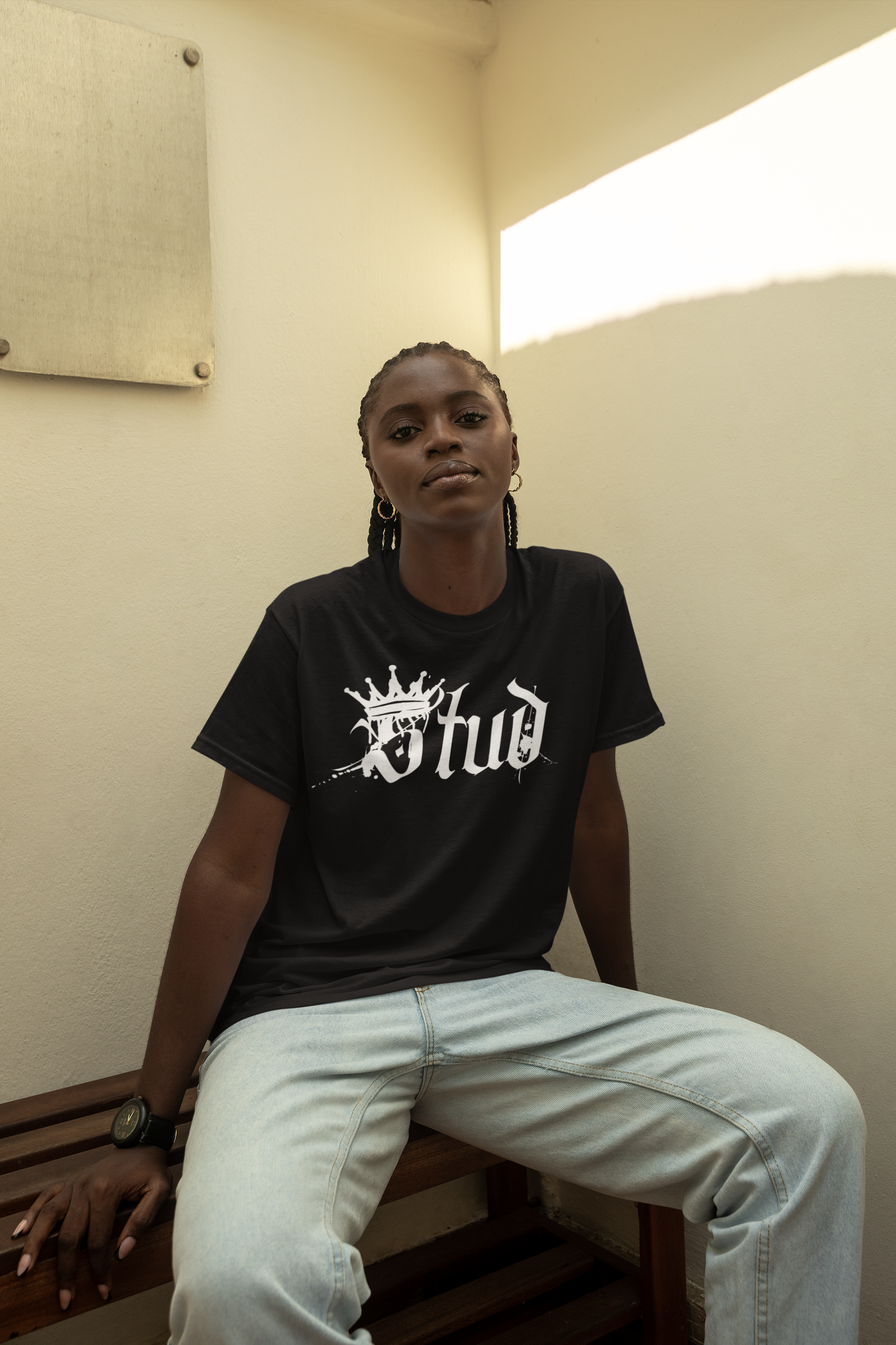 Stud Pride Shirt Spray Paint Crown Black Lesbian Pride on front of Black Oversize Deep Drop Shoulder Tee Oversize Deep Drop Shoulder Tee - 190 GSM