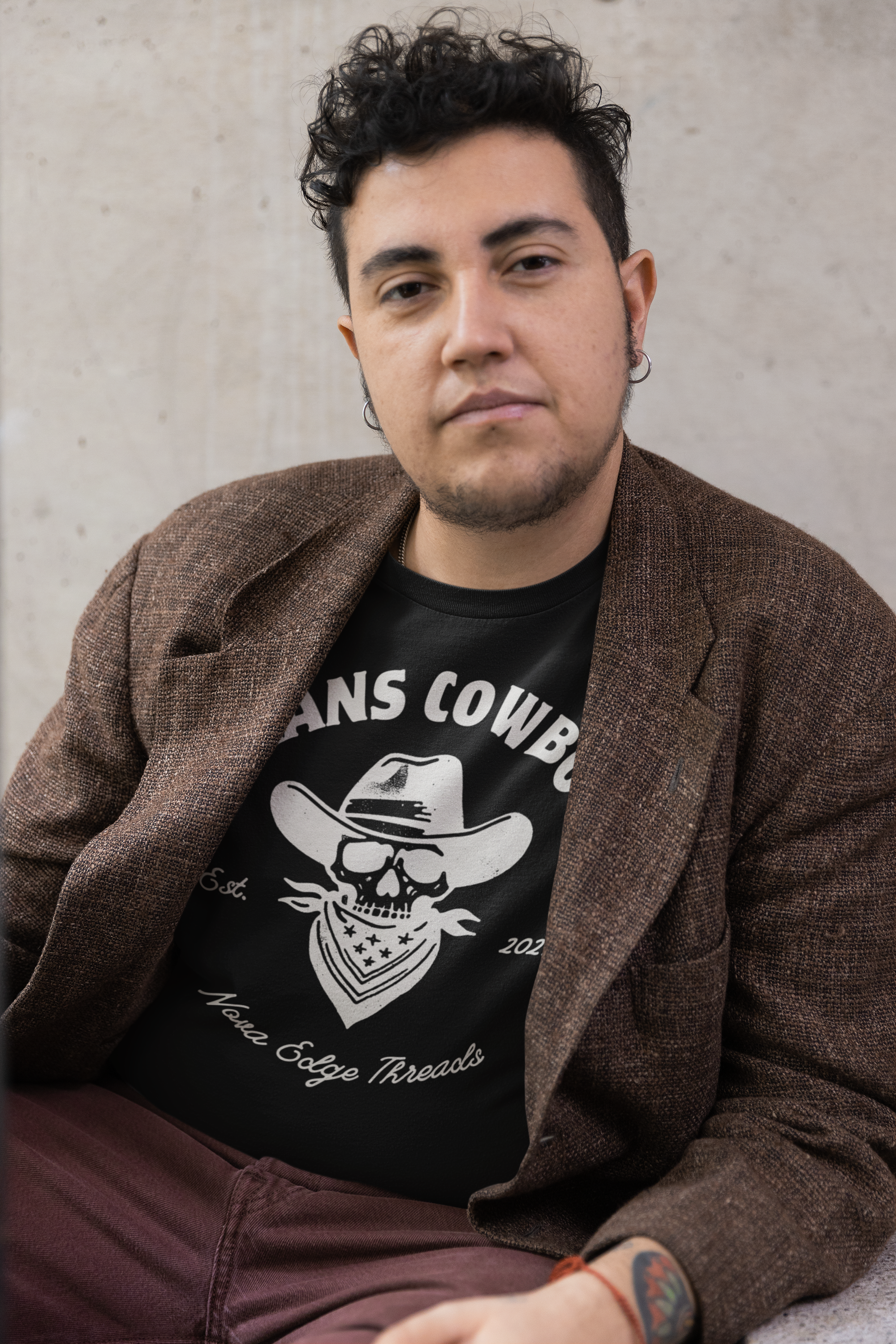 Trans Cowboy Vintage Graphic Tee Transmasc Pride on front of Black Acid Wash Oversize T-Shirt - 250 GSM Acid Wash Oversize T-Shirt