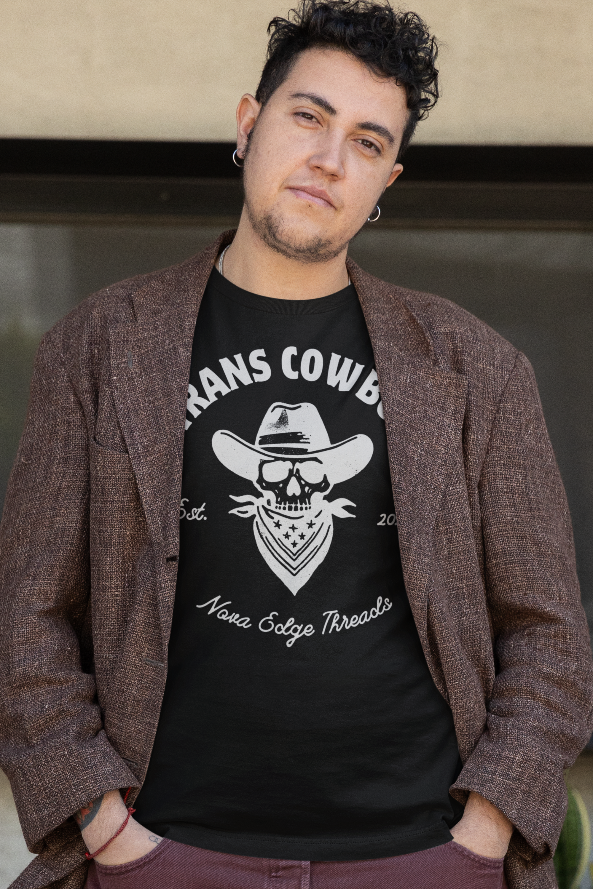 Trans Cowboy Vintage Graphic Tee Transmasc Pride on front of Black Acid Wash Oversize T-Shirt - 250 GSM Acid Wash Oversize T-Shirt