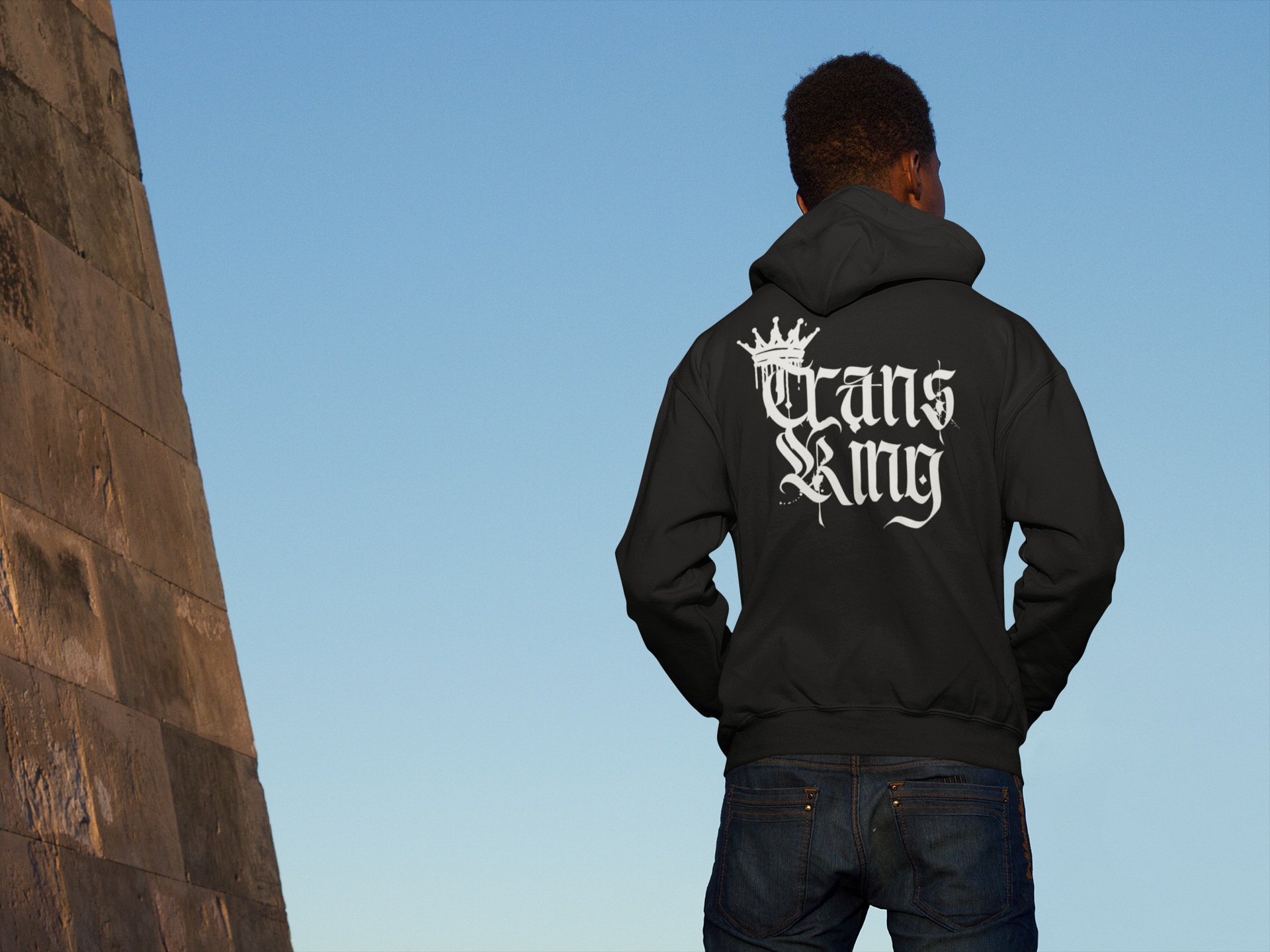 Trans King with a Crown Spray Paint Graffiti Style Streetwear Hoodie Gender Diversity Trans Pride on back of Black or Gray Eco Raglan Hoodie