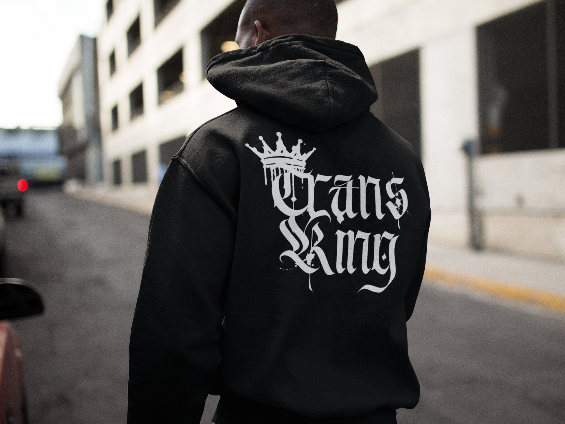 Trans King with a Crown Spray Paint Graffiti Style Streetwear Hoodie Gender Diversity Trans Pride on back of Black or Gray Eco Raglan Hoodie