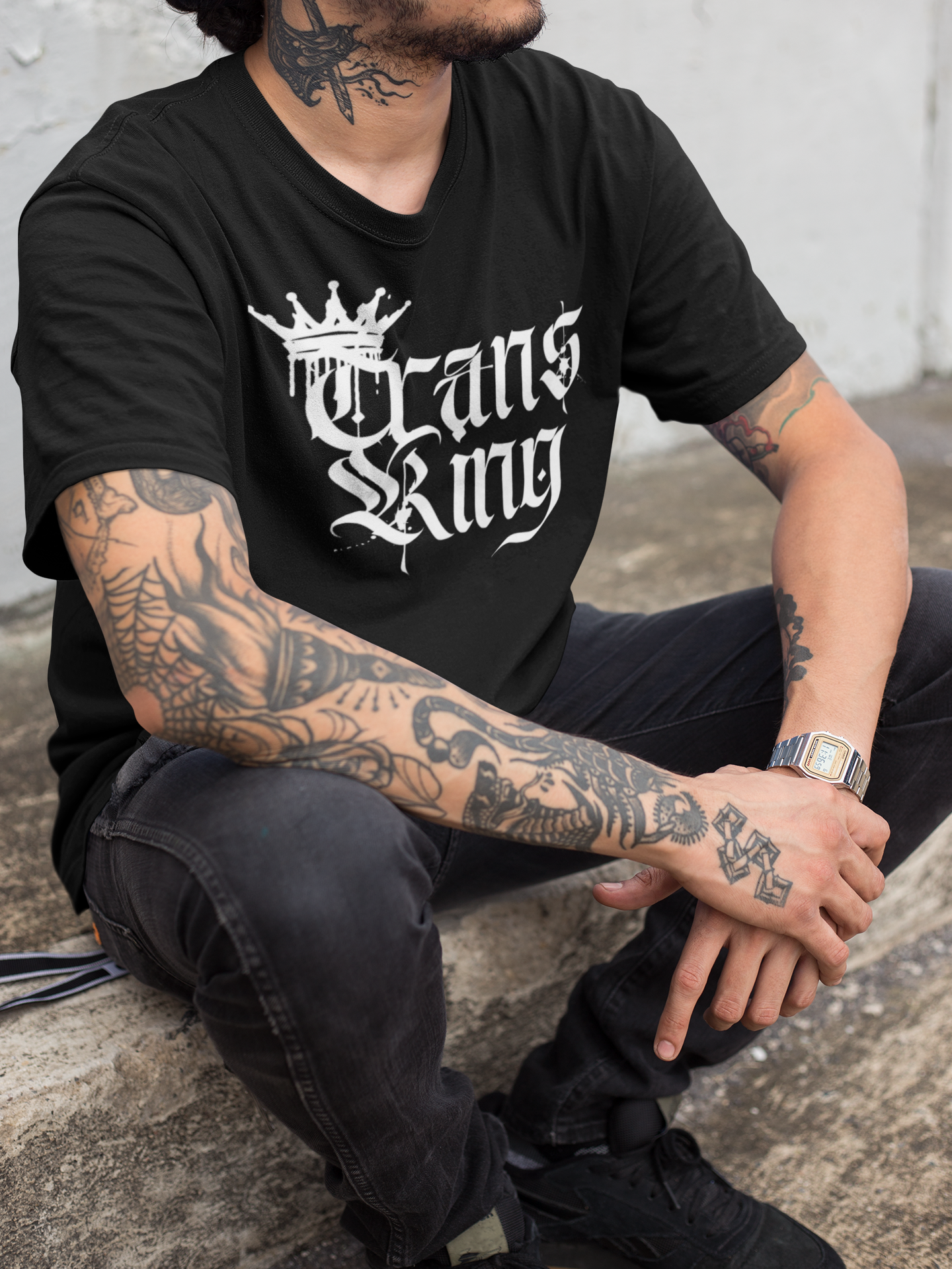 Trans King Graphic Tee with Crown and Spray Paint Drips on Black Oversize Deep Drop Shoulder Tee Oversize Deep Drop Shoulder Tee - 190 GSM