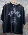 Trans Pride Tattoo Inspired Design on front of Black See-through Boxy Net T-shirt See-through Boxy Net T-Shirt