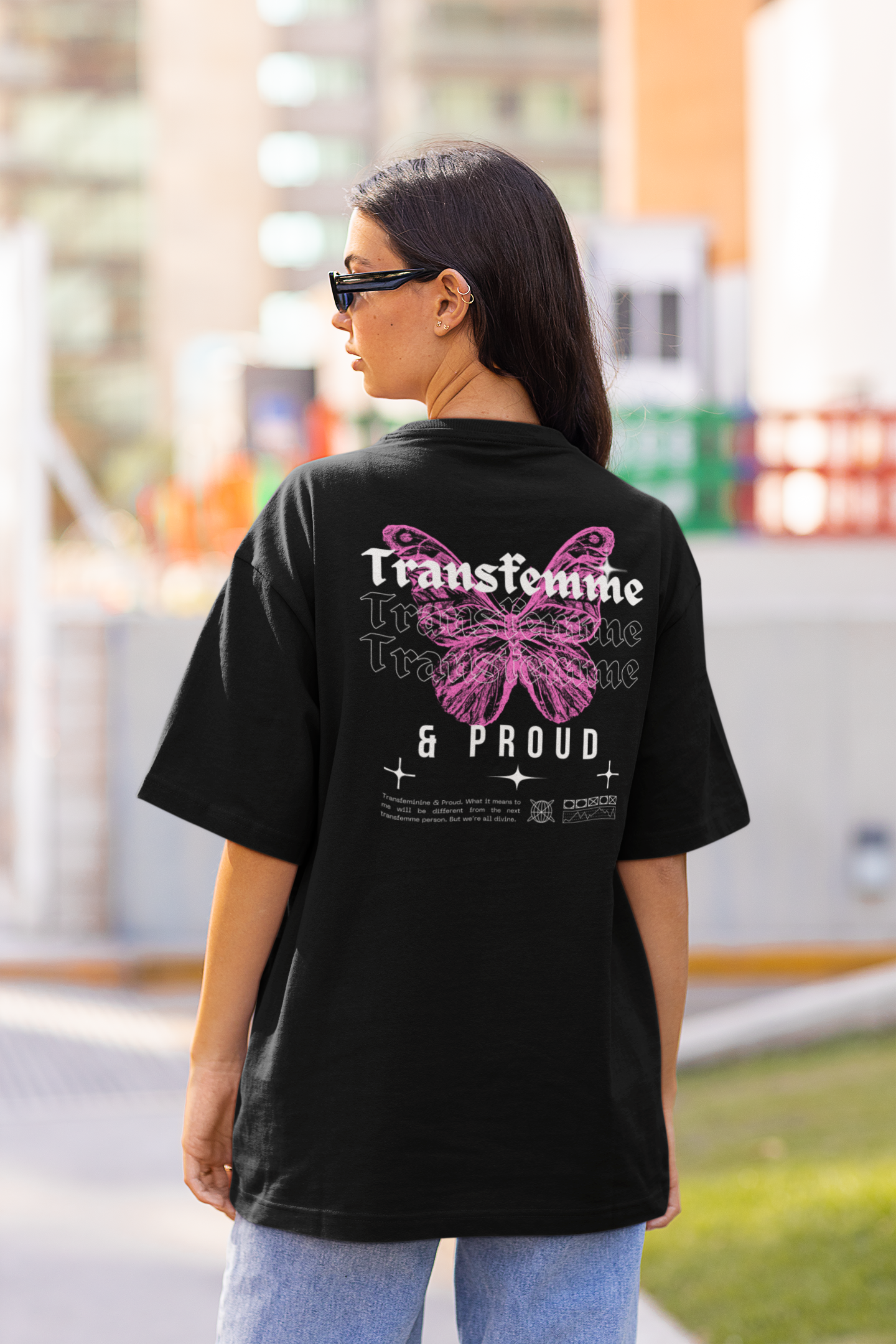 Transfemme Pride Shirt Pink Butterfly on Black Oversize Deep Drop Shoulder Tee Oversize Deep Drop Shoulder Tee - 190 GSM