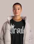 Ursula Spray Paint Crown Graphic Tee Lesbian Pride T-Shirt on front of Black Oversize Deep Drop Shoulder Tee - 190 GSM