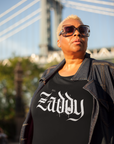 Big Zaddy Graphic Tee Streetwear Style on front of Black Oversize Deep Drop Shoulder Tee - 190 GSM Oversize Deep Drop Shoulder Tee - 190 GSM