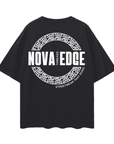 Camiseta gráfica con el logotipo de Nova Edge Threads, ropa urbana, ropa de calle, ropa de calle de Intersectional Pride Gear, camiseta de hombros caídos de gran tamaño en negro, 190 g/m²