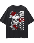 Bulldagger Lesbain Pride T-Shirt Skull and Roses Tattoo Inspired Design on front of Black Oversize Tee Oversize Deep Drop Shoulder Tee - 190 GSM
