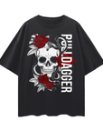 Bulldagger Lesbain Pride T-Shirt Skull and Roses Tattoo Inspired Design on front of Black Oversize Tee Oversize Deep Drop Shoulder Tee - 190 GSM