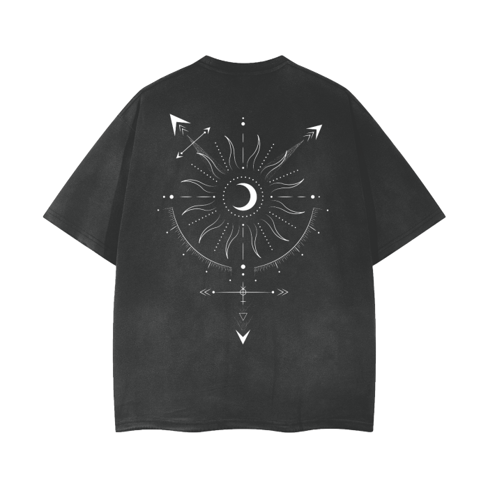 Transgender v1 Gender Symbol in Celestial Design on Space Black Vintage Wash Frayed T-Shirt - 260 GSM Vintage Wash Frayed T-Shirt