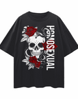 Homosexual Gay Pride T-Shirt Skull and Roses Tattoo Inspired Design on front of Black Oversize Tee Oversize Deep Drop Shoulder Tee - 190 GSM