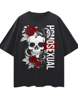 Homosexual Gay Pride T-Shirt Skull and Roses Tattoo Inspired Design on front of Black Oversize Tee Oversize Deep Drop Shoulder Tee - 190 GSM