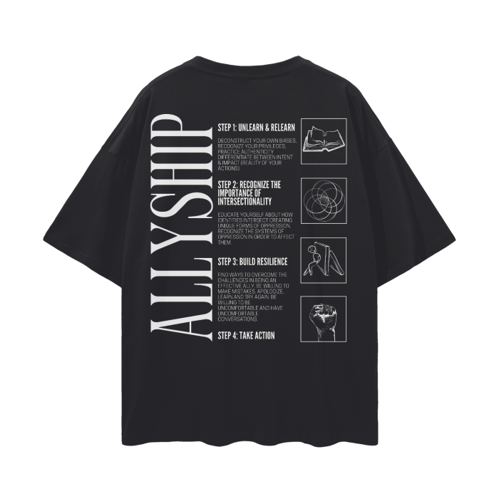 Allyship Graphic Tee Steps to get Started on Black Oversize Deep Drop Shoulder Tee Oversize Deep Drop Shoulder Tee - 190 GSM
