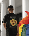 Sunflower Hidden Disabilities Pride Shirt on back of Black Oversize Deep Drop Shoulder Tee Oversize Deep Drop Shoulder Tee - 190 GSM