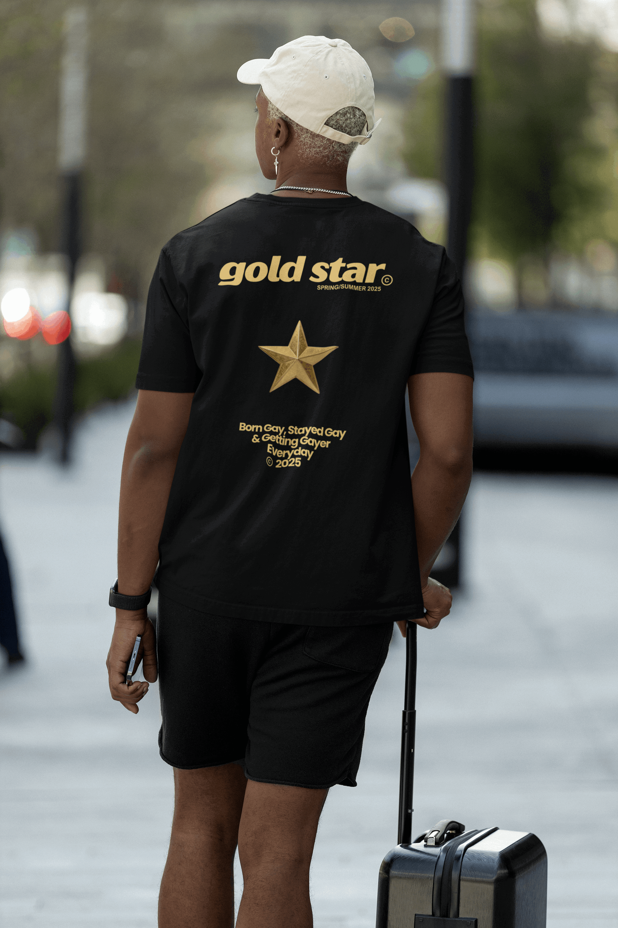 Gold Star T Shirt Born Gay, Stayed Gay Pride T-Shirt Black Oversize Deep Drop Shoulder Tee Oversize Deep Drop Shoulder Tee - 190 GSM