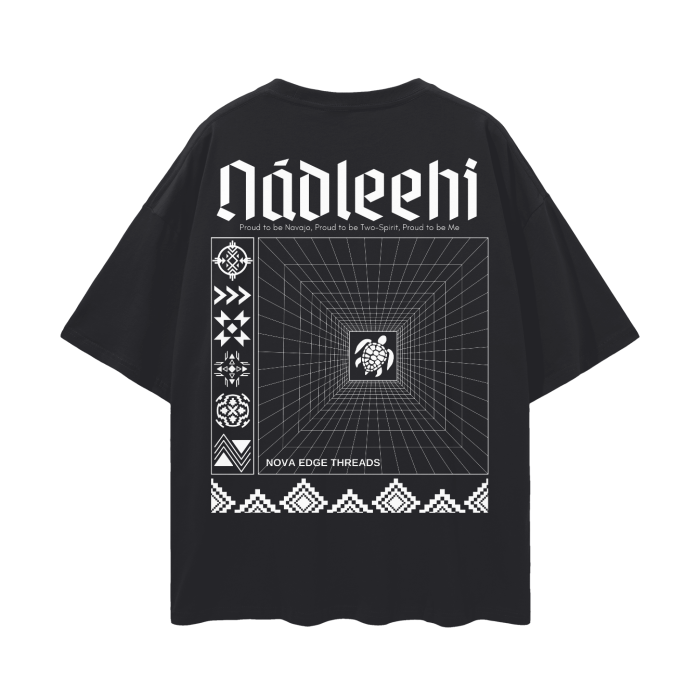 Nádleehi Two-Spirit Pride Navajo Nation Graphic Tee on Black Oversize Deep Drop Shoulder Tee Oversize Deep Drop Shoulder Tee - 190 GSM