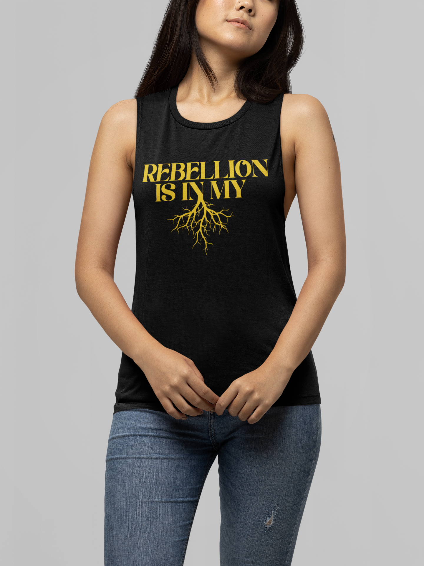 Rebellion is in my roots Black and Yellow Protest Relaxed Fit Sleeveless Tank Top Relaxed Fit Sleeveless Tank Top