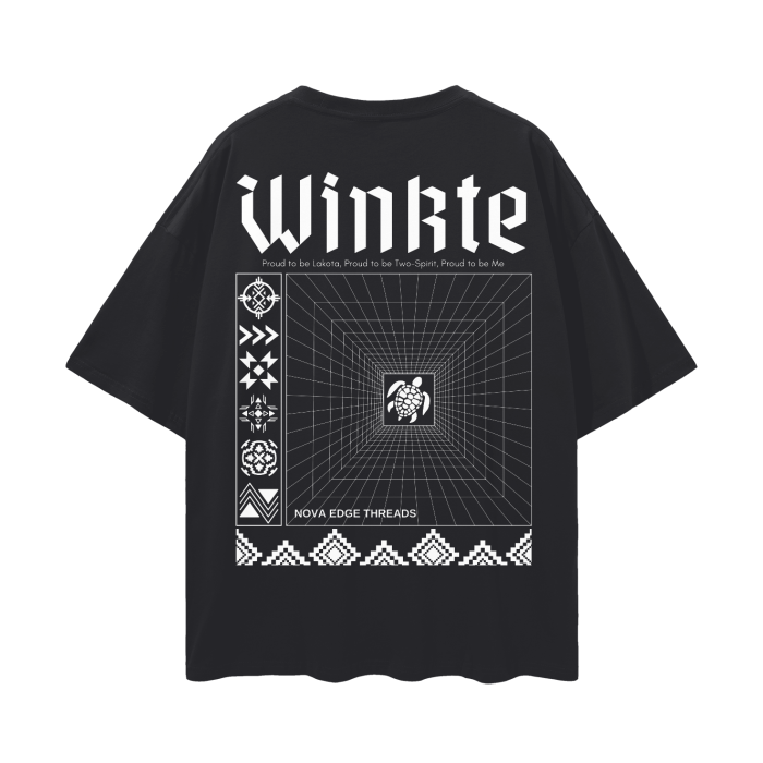 Winkte Lakota Nation Two-Spirit Pride Graphic Tee on Black Oversize Deep Drop Shoulder Tee - 190 GSM Oversize Deep Drop Shoulder Tee - 190 GSM