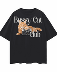 Bussy Cat Club Vintage Style Graphic T-Shirt front of Black Oversize Deep Drop Shoulder Tee
