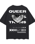 Camiseta de calle con orgullo queer y trans, corazón cromado sobre negro, camiseta de hombros caídos de gran tamaño - 190 g/m²