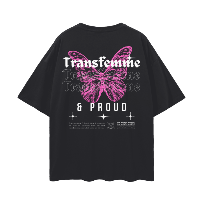 Transfemme Pride Shirt Pink Butterfly on Black Oversize Deep Drop Shoulder Tee Oversize Deep Drop Shoulder Tee - 190 GSM