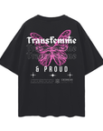Transfemme Pride Shirt Pink Butterfly on Black Oversize Deep Drop Shoulder Tee Oversize Deep Drop Shoulder Tee - 190 GSM