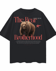 The Bear Brotherhood Gay Pride T-Shirt on front of Black Oversize Deep Drop Shoulder Tee