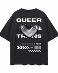 Queer & Trans Pride Chrome Heart Streetwear-Inspired Back Design on Oversize Tee Oversize Deep Drop Shoulder Tee - 190 GSM