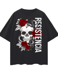 Resistencia Intersectional Pride Chicano Streetwear Style Graphic Tee on front of Black Oversize Deep Drop Shoulder Tee - 190 GSM