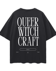 Queer Witchcraft Unholy Punk Queer Pride on back of Black Oversize Tee Oversize Deep Drop Shoulder Tee - 190 GSM