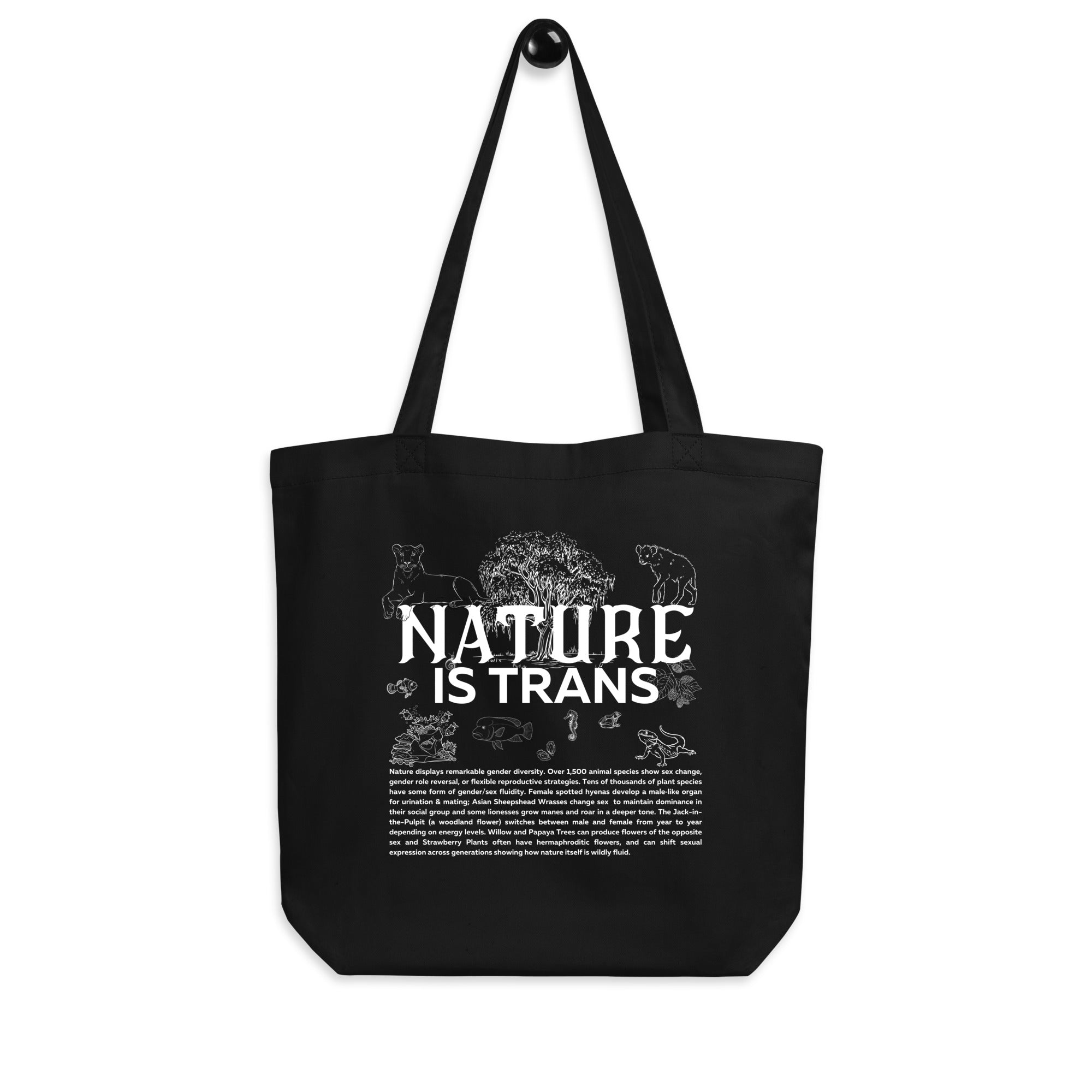 Nature is Trans Graphic Sketch Design on Black Eco Tote Bag Eco Tote