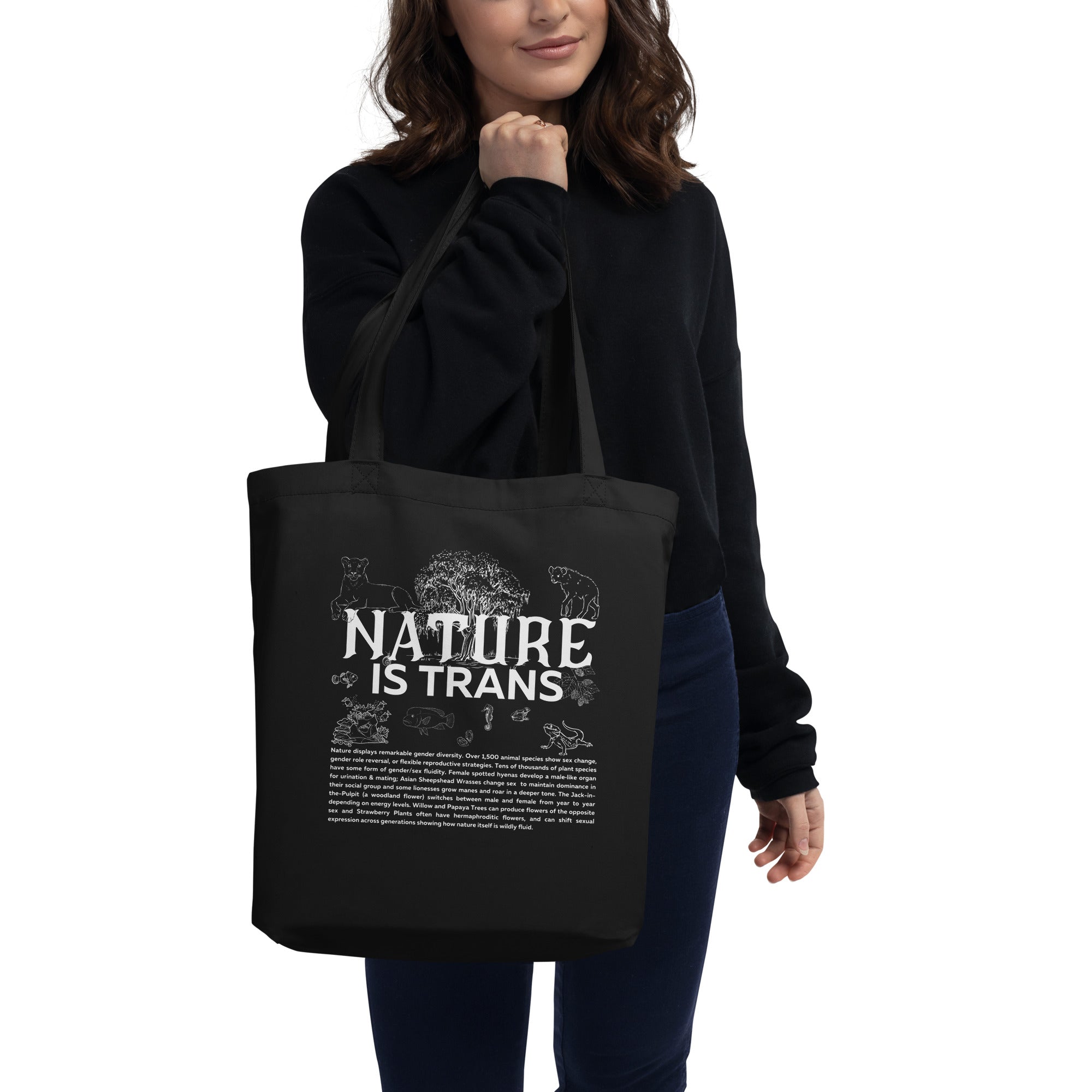 Nature is Trans Graphic Sketch Design on Black Eco Tote Bag Eco Tote