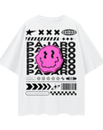 Pájaro Pink Smiley Streetwear Fashion Intersectional Gay Pride on front of White Oversize Deep Drop Shoulder Tee - 190 GSM