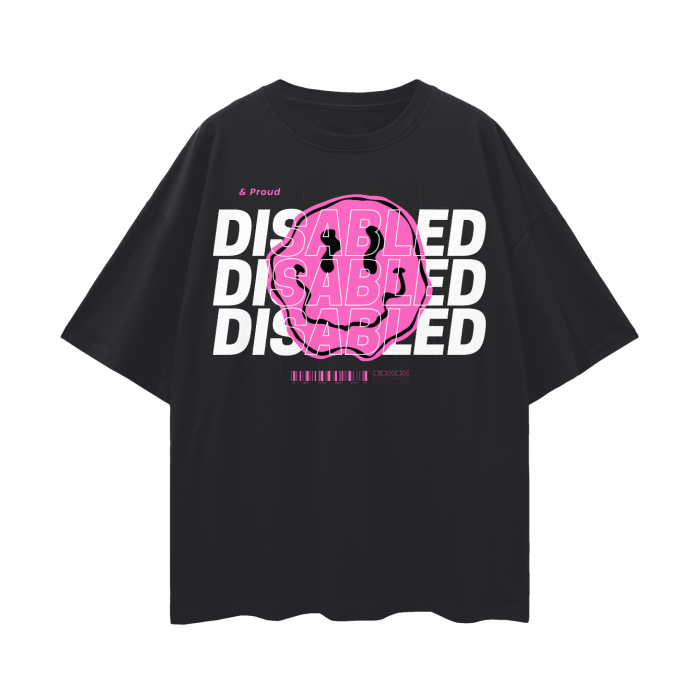 Disability Pride Graphic Tee Pink Smiley Disabled & Proud Oversize Deep Drop Shoulder Tee Oversize Deep Drop Shoulder Tee - 190 GSM