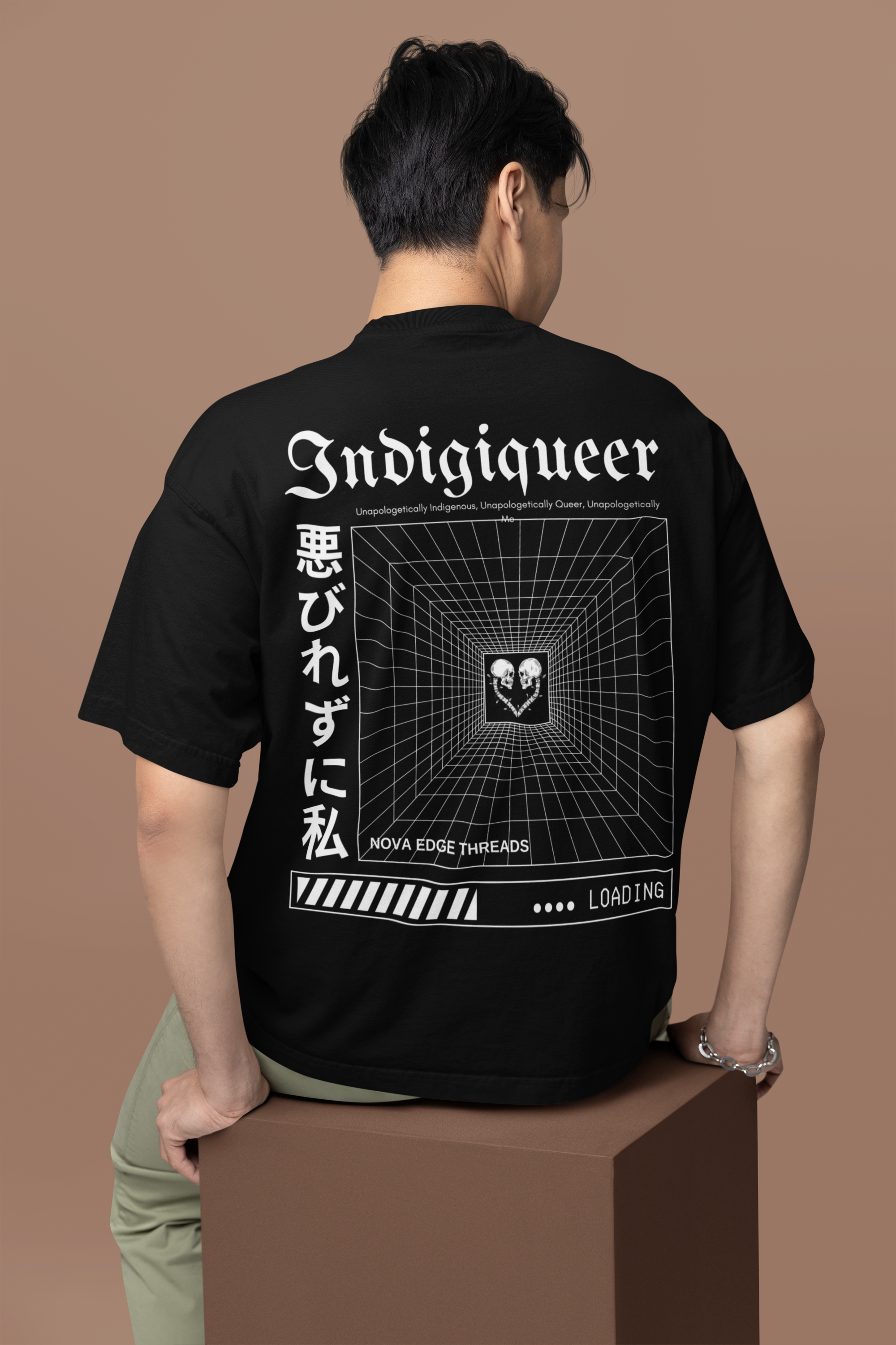Unapologetically Indigiqueer Japanese Streetwear Style on back of Black Oversize Deep Drop Shoulder Tee Oversize Deep Drop Shoulder Tee - 190 GSM