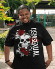 Demisexual Pride T-Shirt Skull and Roses Tattoo Inspired Design on front of Black Oversize Tee Oversize Deep Drop Shoulder Tee - 190 GSM