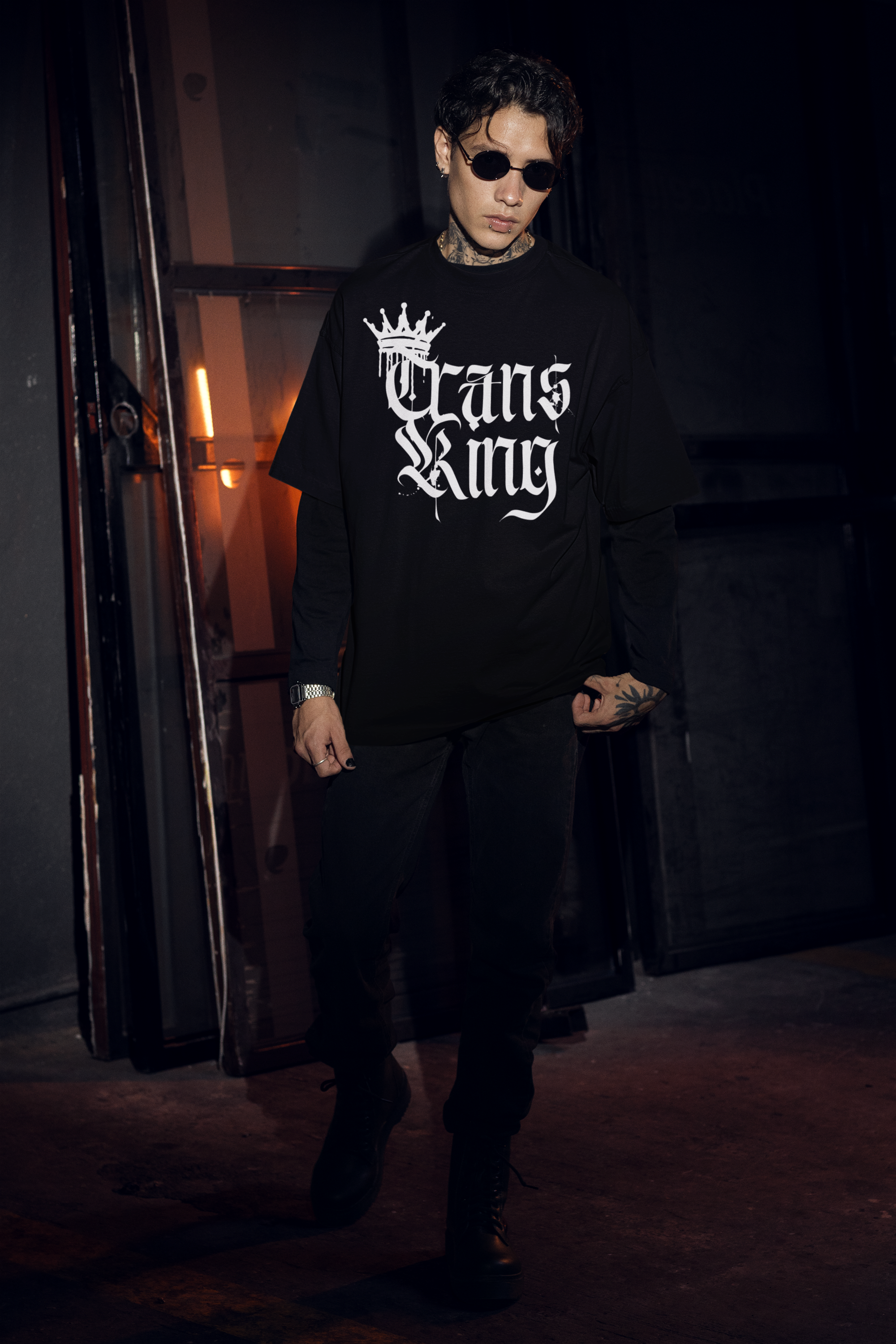 Trans King Graphic Tee with Crown and Spray Paint Drips on Black Oversize Deep Drop Shoulder Tee Oversize Deep Drop Shoulder Tee - 190 GSM