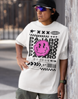 Pájaro Pink Smiley Streetwear Fashion Intersectional Gay Pride on front of White Oversize Deep Drop Shoulder Tee - 190 GSM