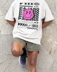 Pájaro Pink Smiley Streetwear Fashion Intersectional Gay Pride on front of White Oversize Deep Drop Shoulder Tee - 190 GSM