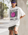 Pájaro Pink Smiley Streetwear Fashion Intersectional Gay Pride on front of White Oversize Deep Drop Shoulder Tee - 190 GSM