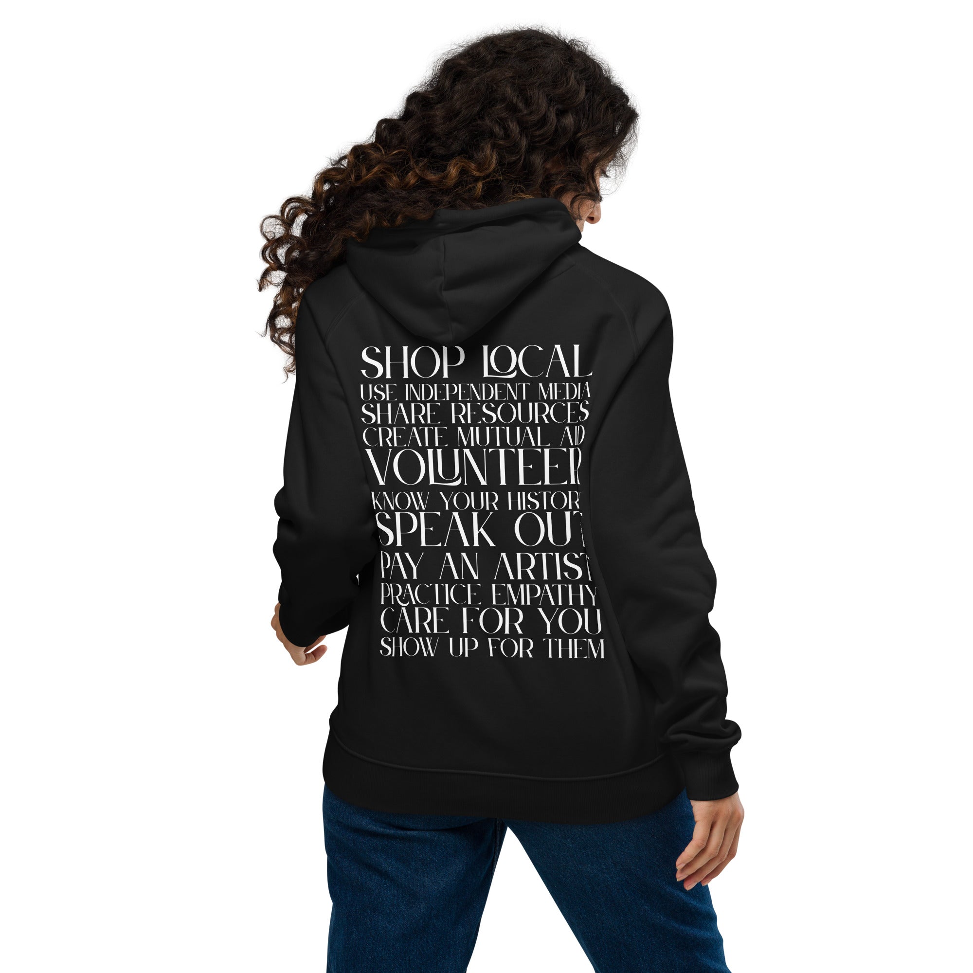 How to Resist and Share with Others on back of Black Eco Raglan Hoodie