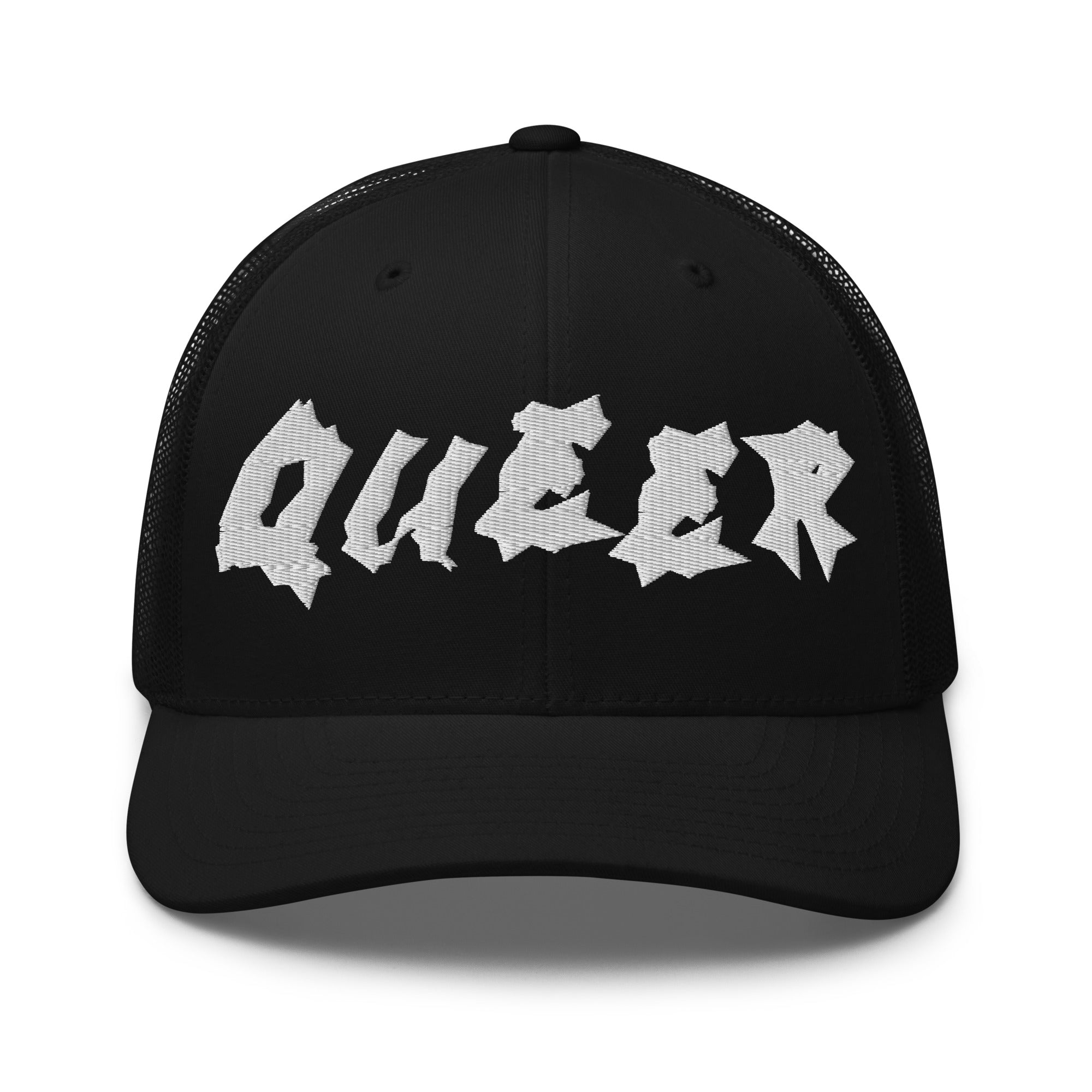 Queer Pride Hat Punk Lettering Embroidered on Black Trucker Cap Retro Trucker Hat
