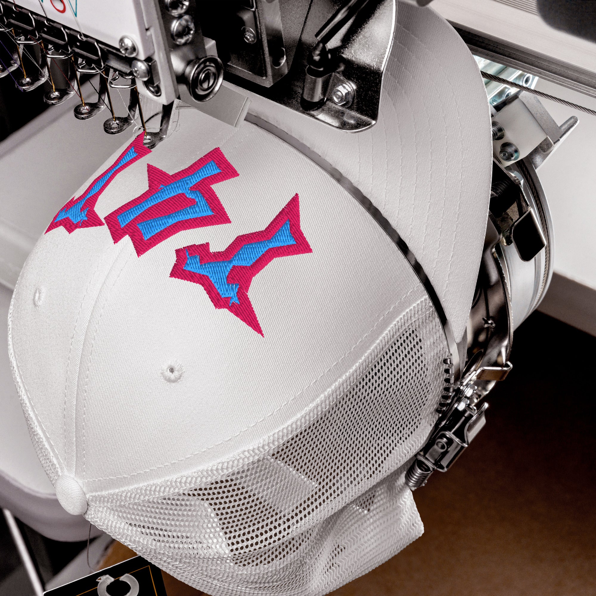 T4T Hat Punk Lettering Pink and Blue Embroidered on White Trucker Cap Retro Trucker Hat
